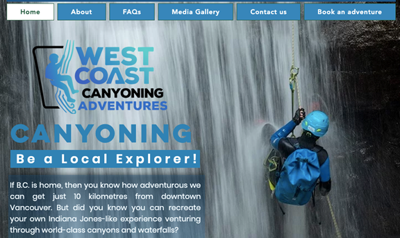 Capture d'écran du site internet de West Canyoning Adventures